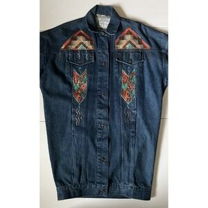 VTG BELMA - 80s Embellished Heavy Denim Trench Coat Jean Jacket Duster - Medium